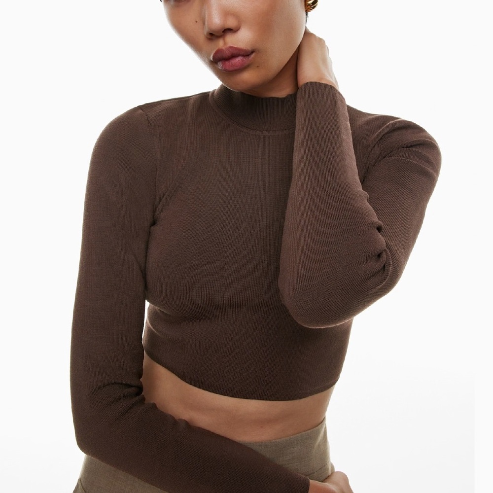 Babaton Sculpt Knit Turtleneck Brown Long Sleeve Crop Top